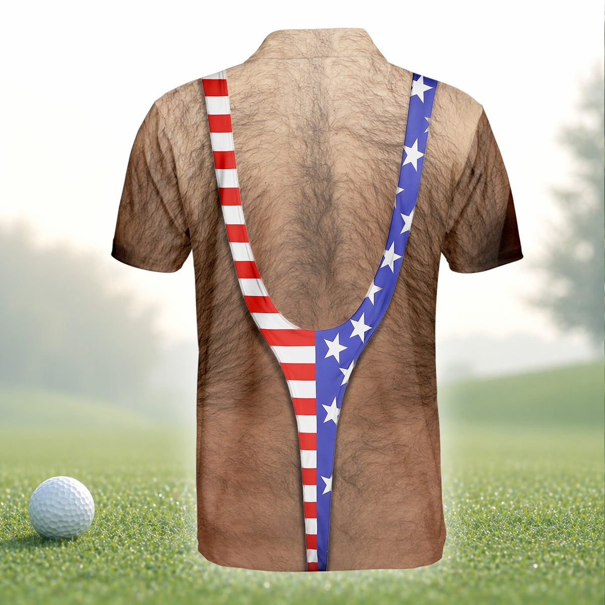 Back view of the beige fourth polo shirt with printed back torso