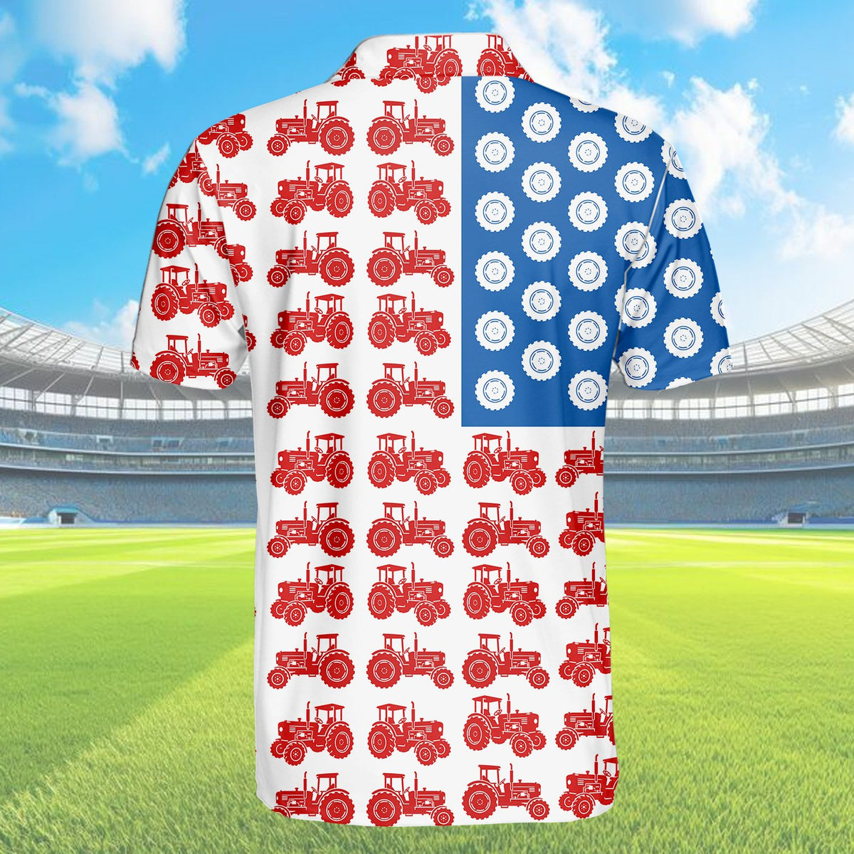White fourth polo shirt featuring tractor flag motif, back view