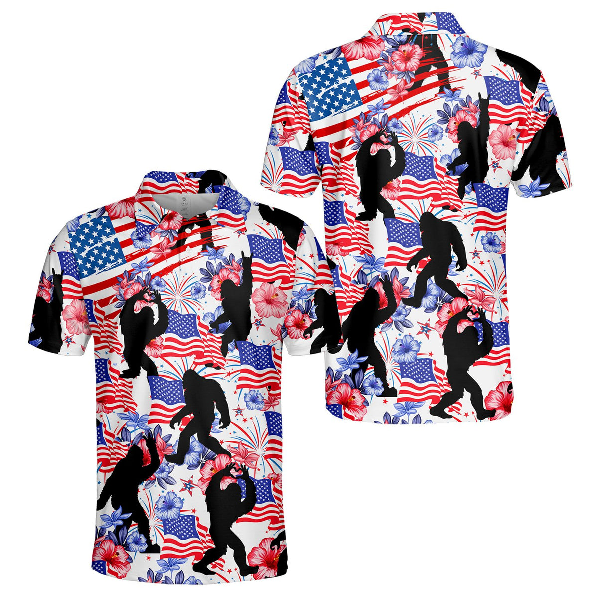 Additional front view of the white polo shirt with patriotic holiday print