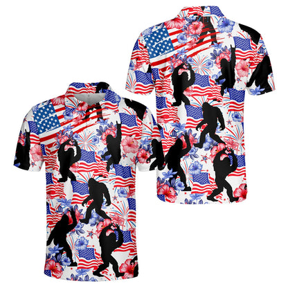 Additional front view of the white polo shirt with patriotic holiday print