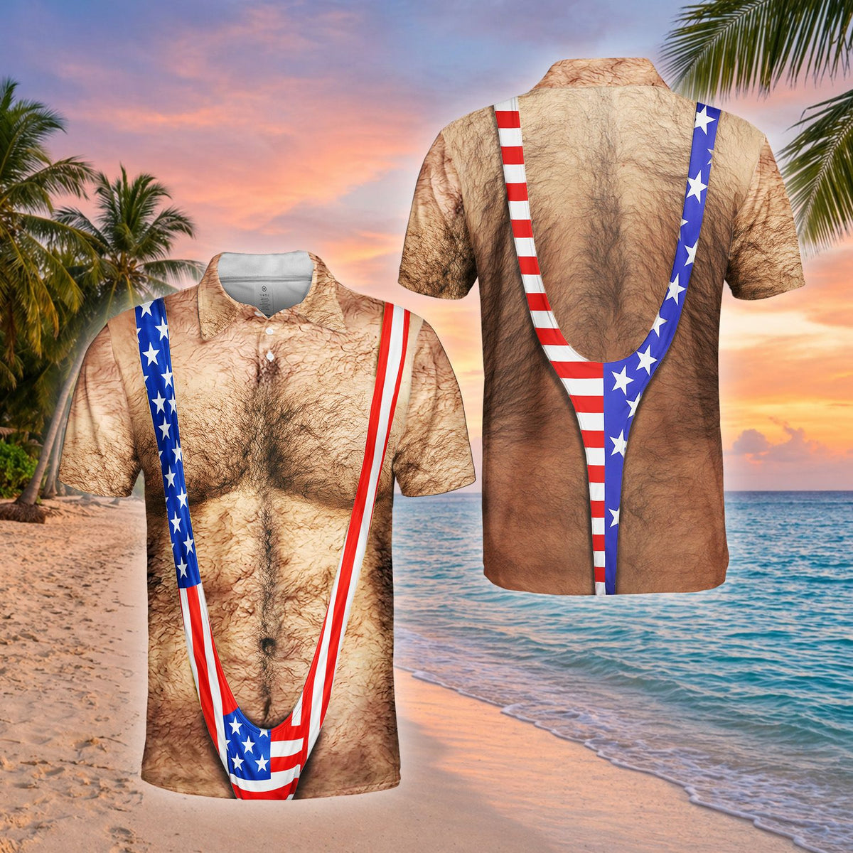Detailed front view of the red, white, and blue suspender print on the polo shirt