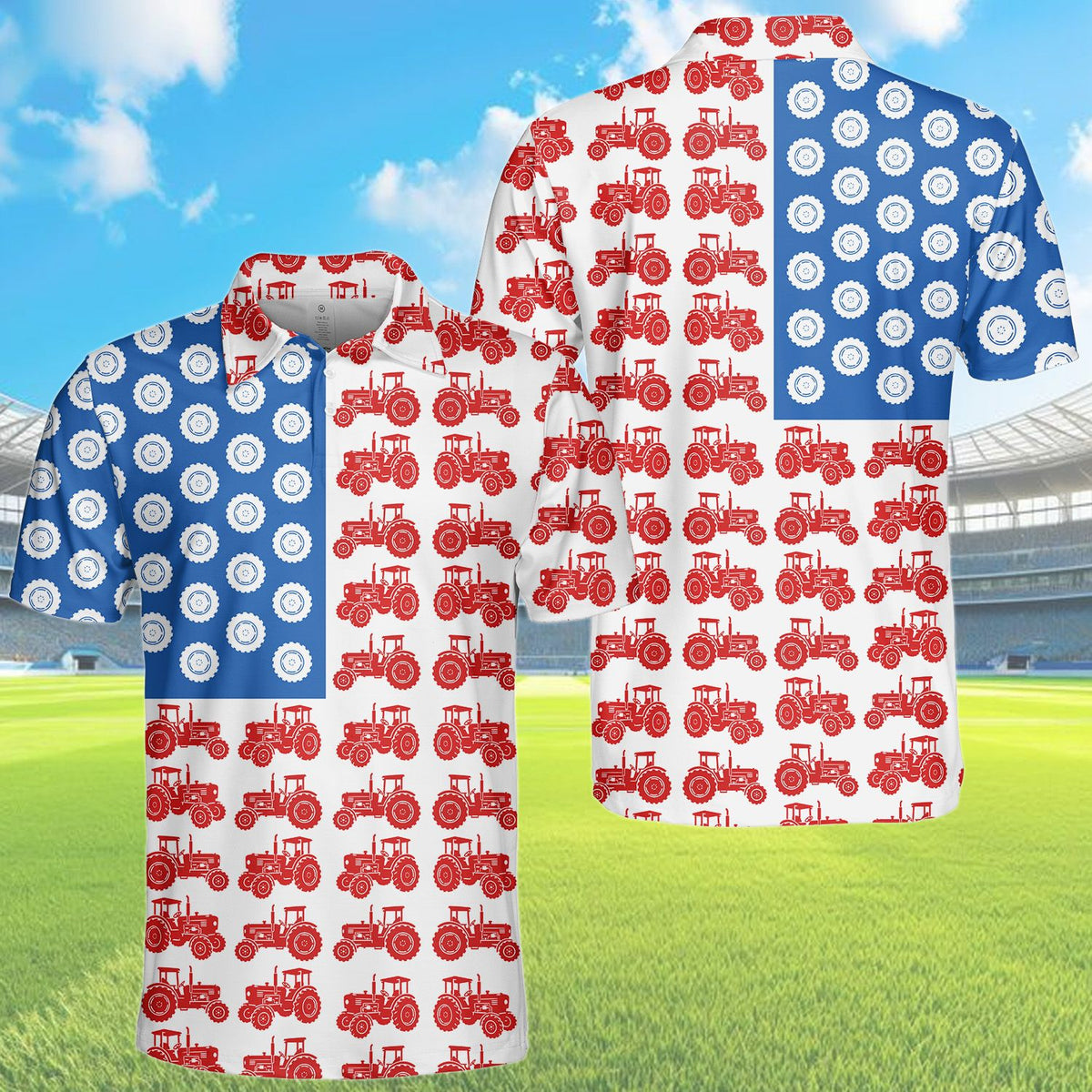 White fourth polo shirt featuring tractor flag motif, front view 2