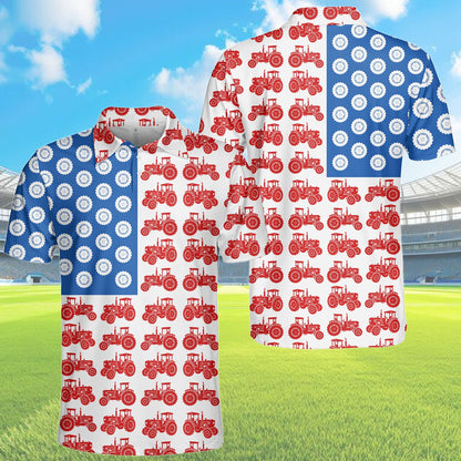 White fourth polo shirt featuring tractor flag motif, front view 2