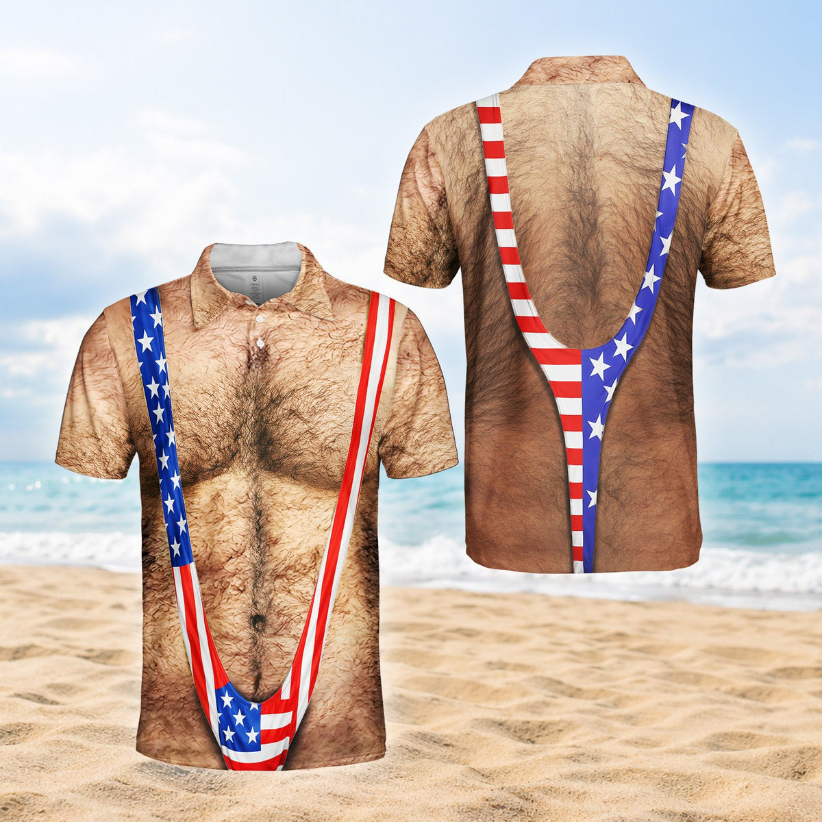 Close-up front view of the beige fourth polo shirt design