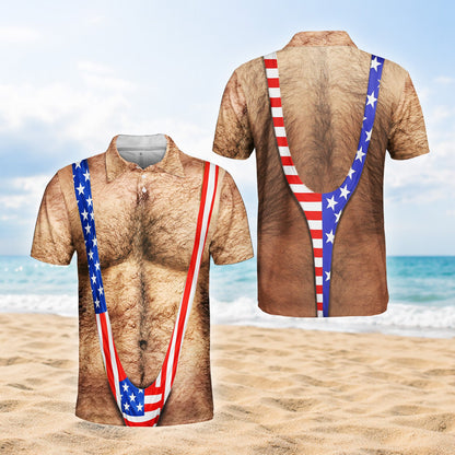Close-up front view of the beige fourth polo shirt design
