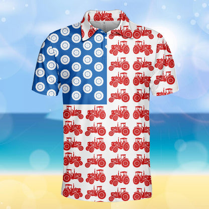 White fourth polo shirt featuring tractor flag motif, front view 3