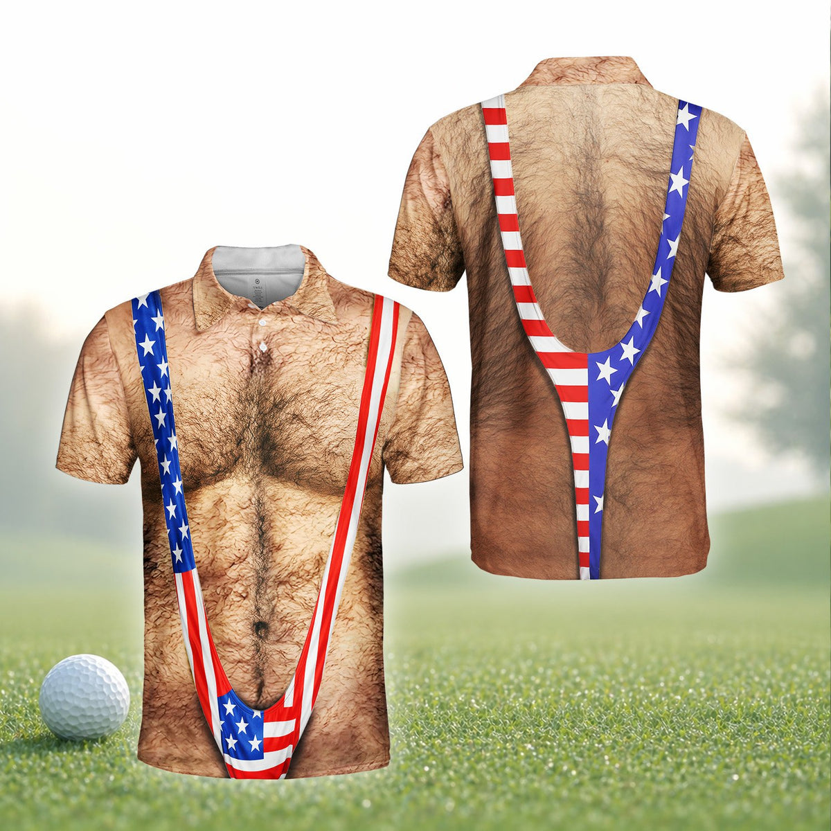 Another front angle of the printed hairy torso polo shirt