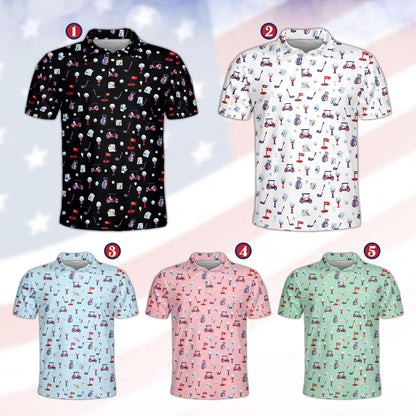 Red fourth polo shirt featuring a USA golf pattern on a multicolor background, front view