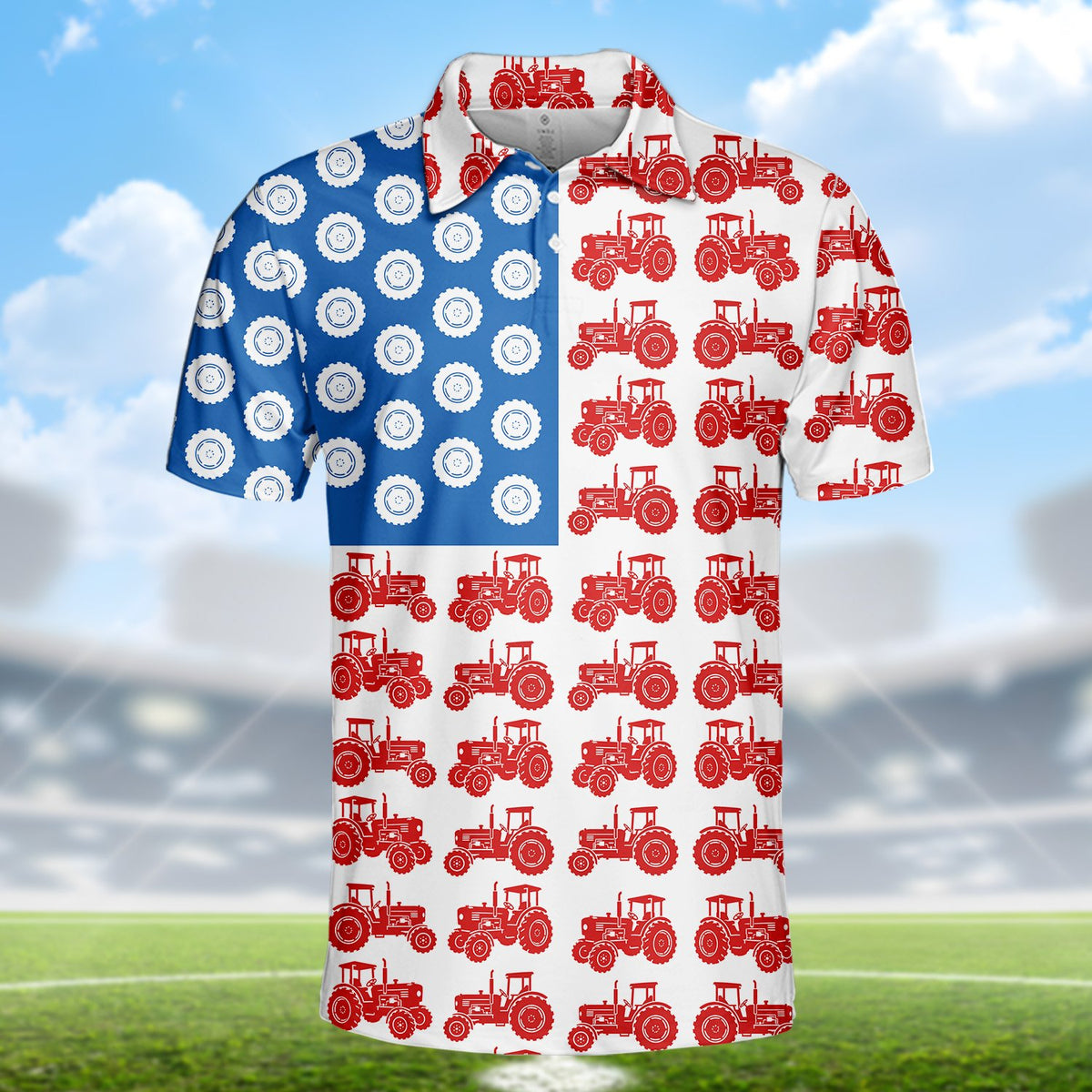 White fourth polo shirt featuring tractor flag motif, front view 5