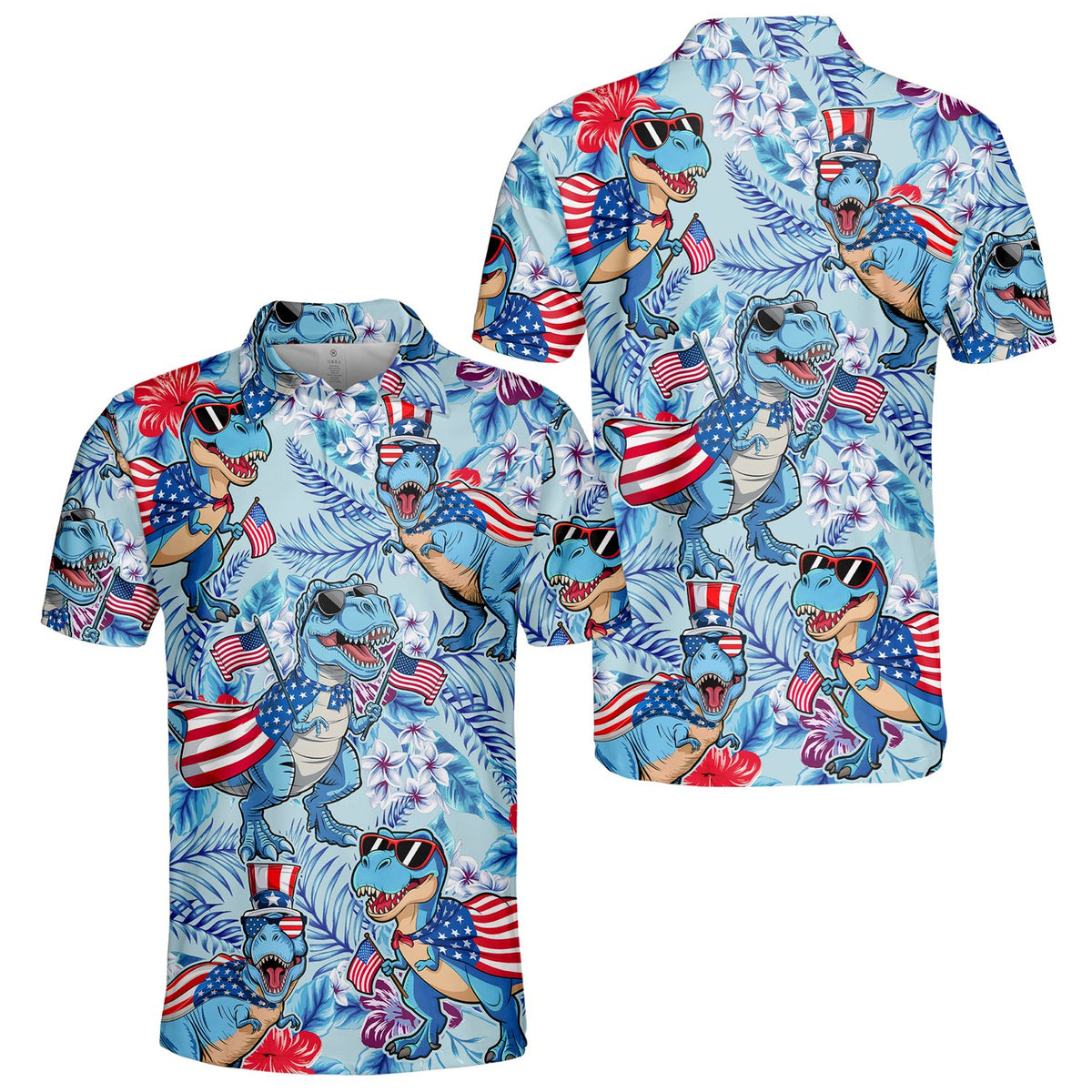 Blue fourth polo shirt featuring a patriotic T-Rex and tropical pattern, main view