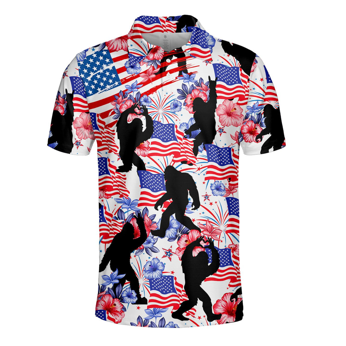 Close up of fourth of july polo shirt featuring Bigfoot and hibiscus flowers, front view