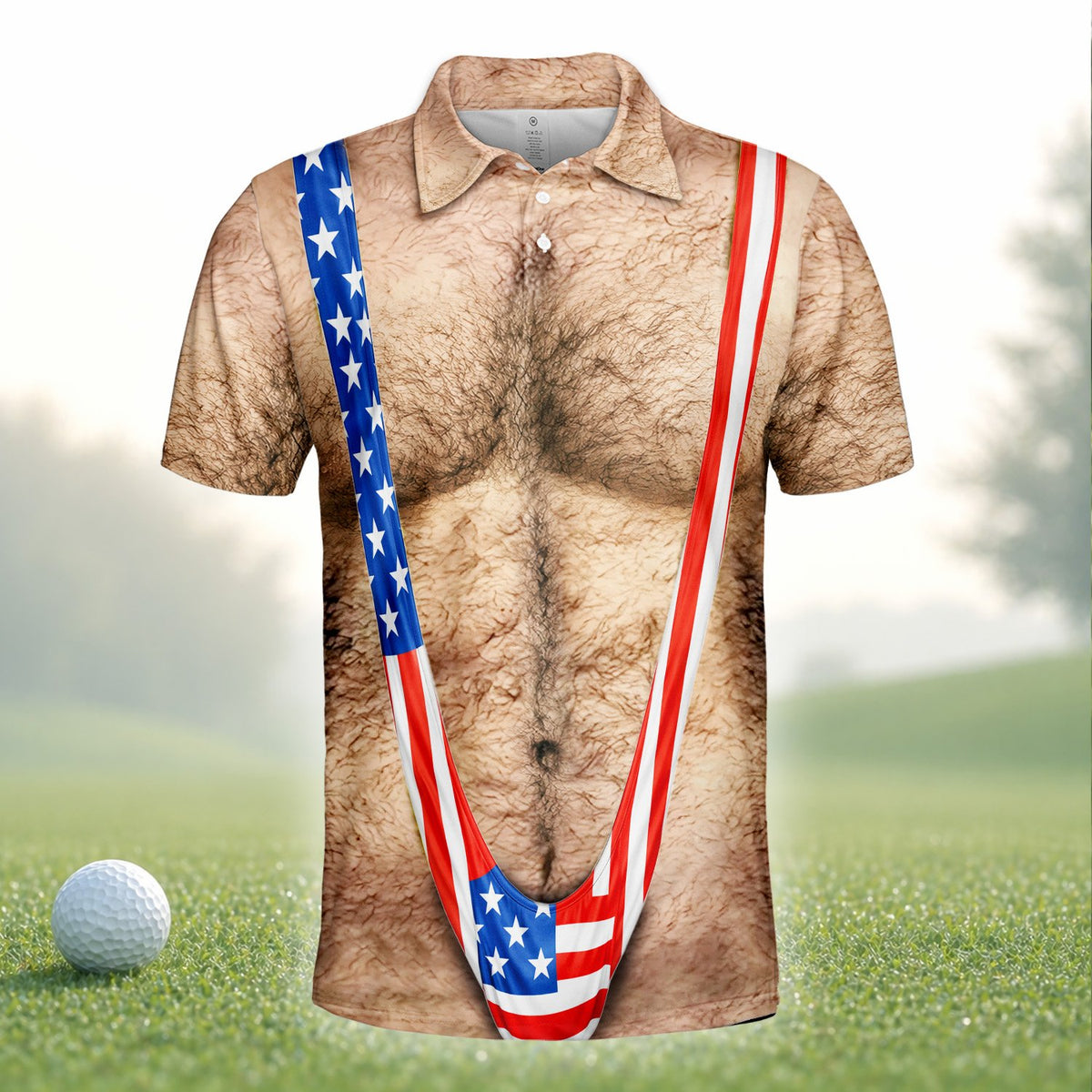 Front view of the humorous patriotic mankini polo shirt