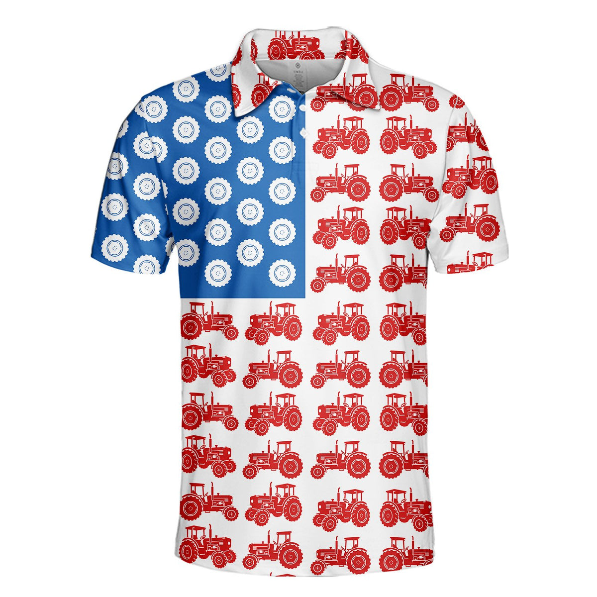 White fourth polo shirt featuring tractor flag motif, main front view