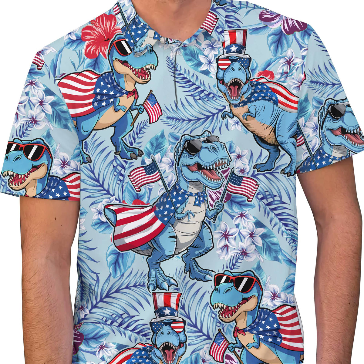 Second lifestyle view of the patriotic T-Rex tropical polo shirt