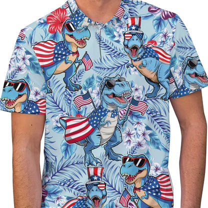 Second lifestyle view of the patriotic T-Rex tropical polo shirt