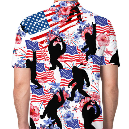 Second lifestyle view of the Bigfoot and American flag polo shirt