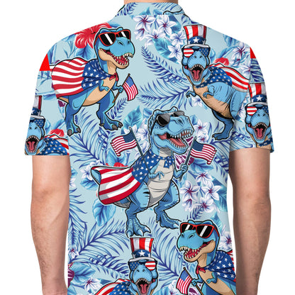 Close-up lifestyle view highlighting the vibrant tropical and dinosaur print on the polo shirt