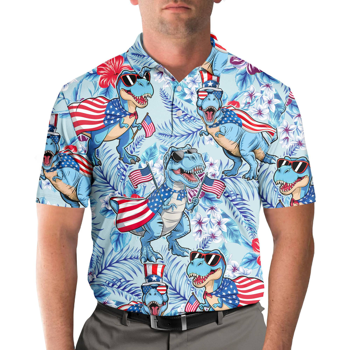 Lifestyle view of a person wearing the blue fourth polo shirt outdoors