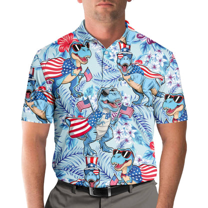 Lifestyle view of a person wearing the blue fourth polo shirt outdoors
