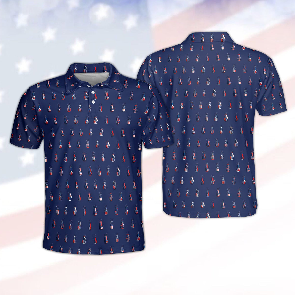Navy fourth polo shirt with American flag golf bag pattern, front view