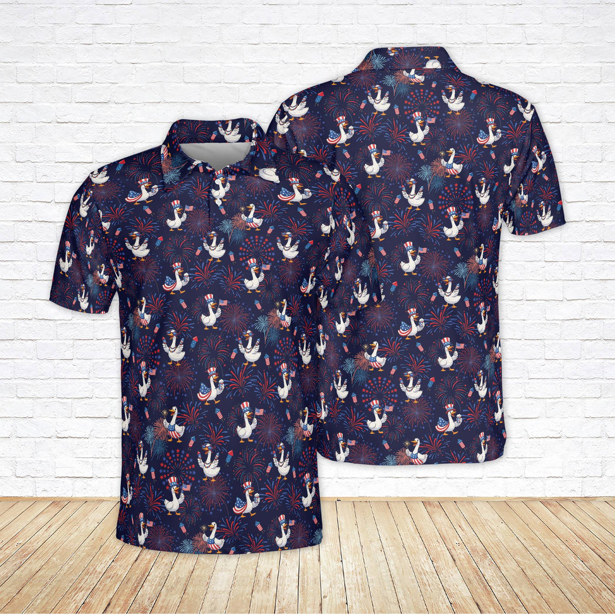 Navy patriotic goose polo shirt, front view