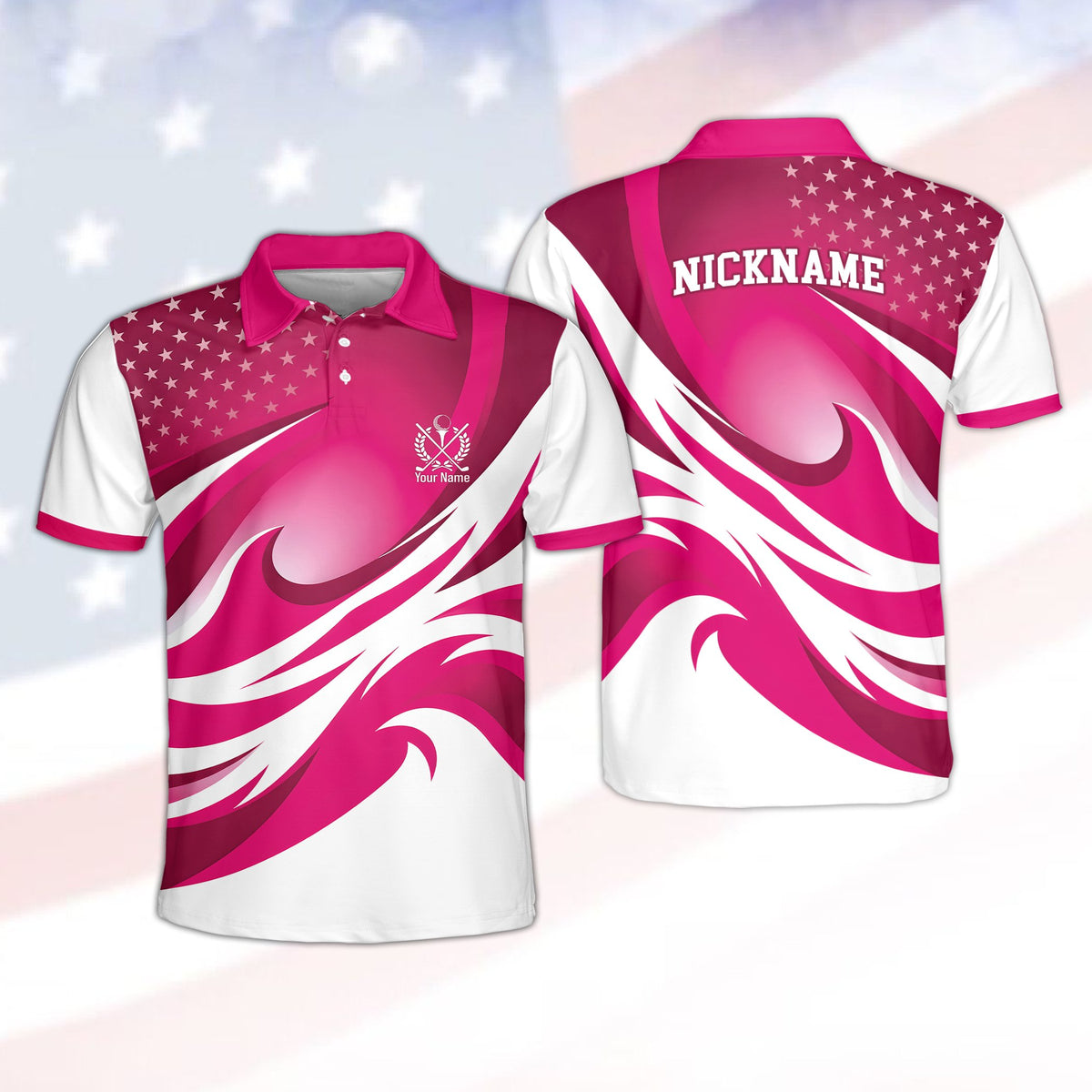 Personalized polo shirt in pink with custom name and number, front view