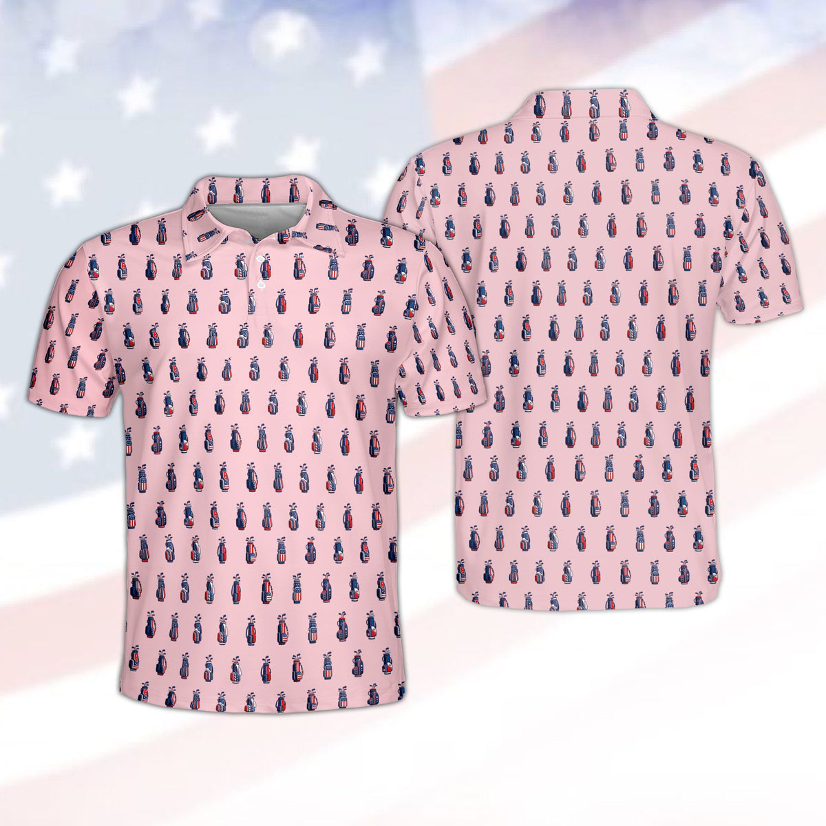 Pink Fourth of July polo shirt with American flag golf bag pattern, front view