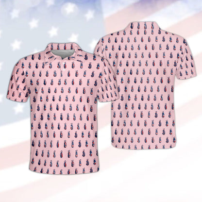 Pink Fourth of July polo shirt with American flag golf bag pattern, front view