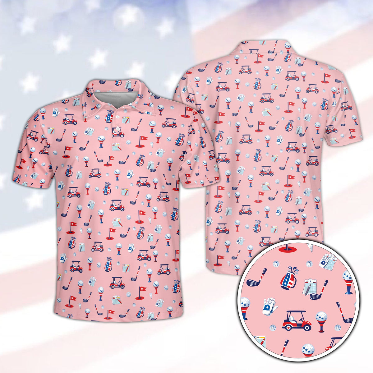 Red fourth polo shirt featuring a USA golf pattern on a pink background, front view