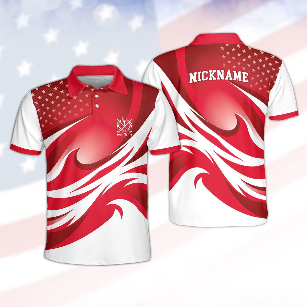 Personalized polo shirt in red with custom name and number, front view