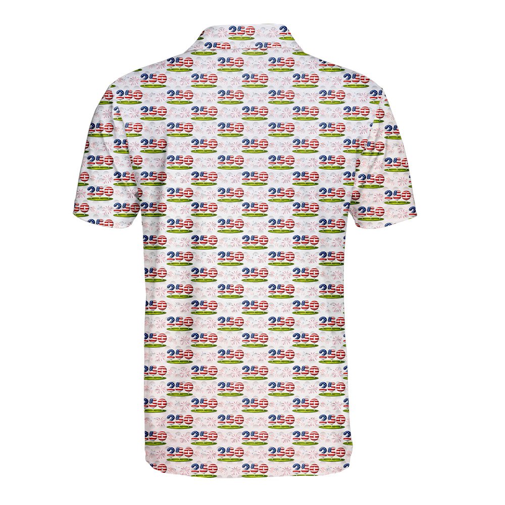 Back view of the white polo shirt with 250 flag and fireworks
