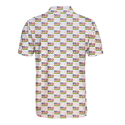 Back view of the white polo shirt with 250 flag and fireworks