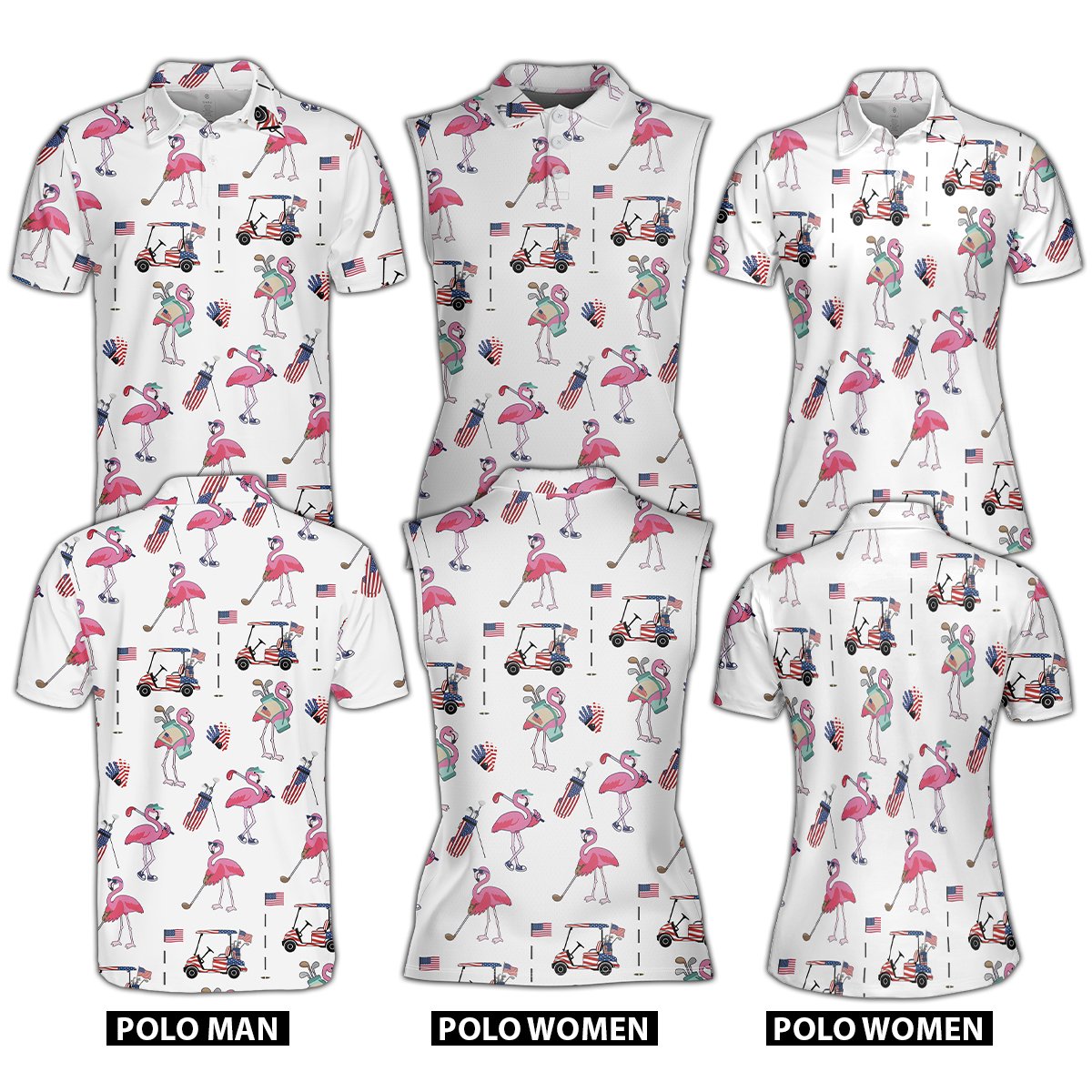 Fourth polo shirt featuring a repeating pattern of pink flamingos playing golf and American flag details on a white background, main view