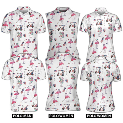 Front view of the white holiday polo shirt with flamingo golf cart pattern