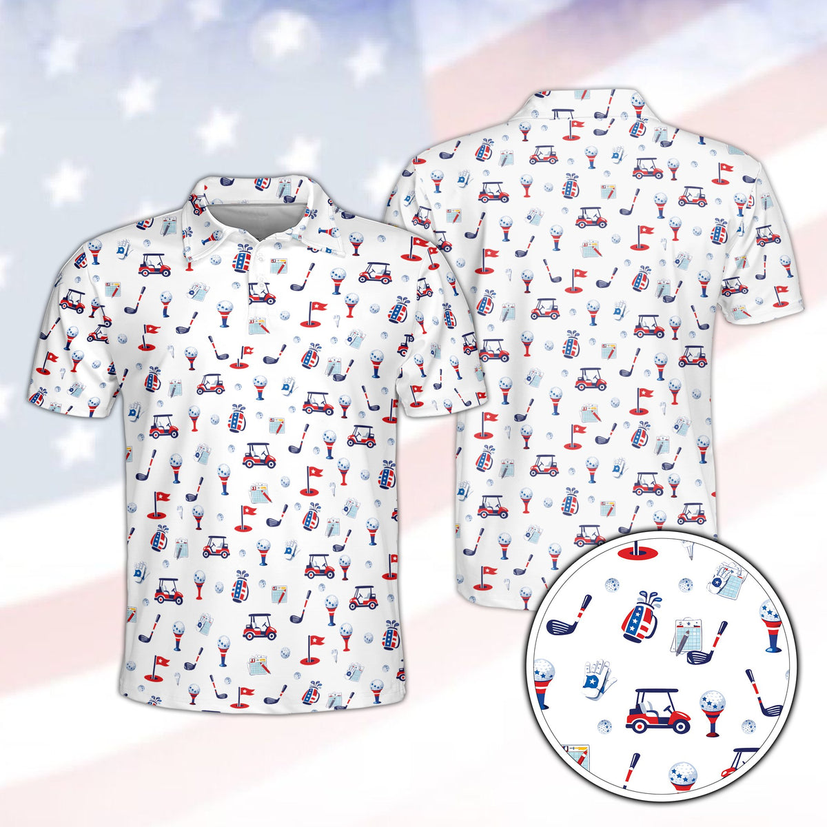 Red fourth polo shirt featuring a USA golf pattern on a white background, front view