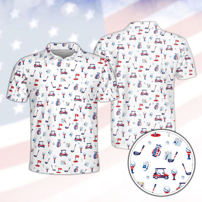 Red fourth polo shirt featuring a USA golf pattern on a white background, front view