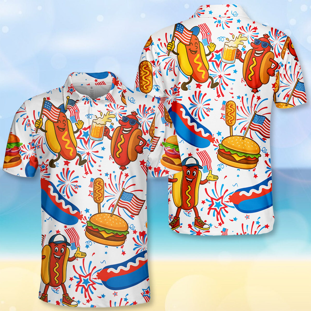Angled front view of fourth of july polo shirt