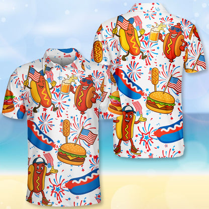Angled front view of fourth of july polo shirt