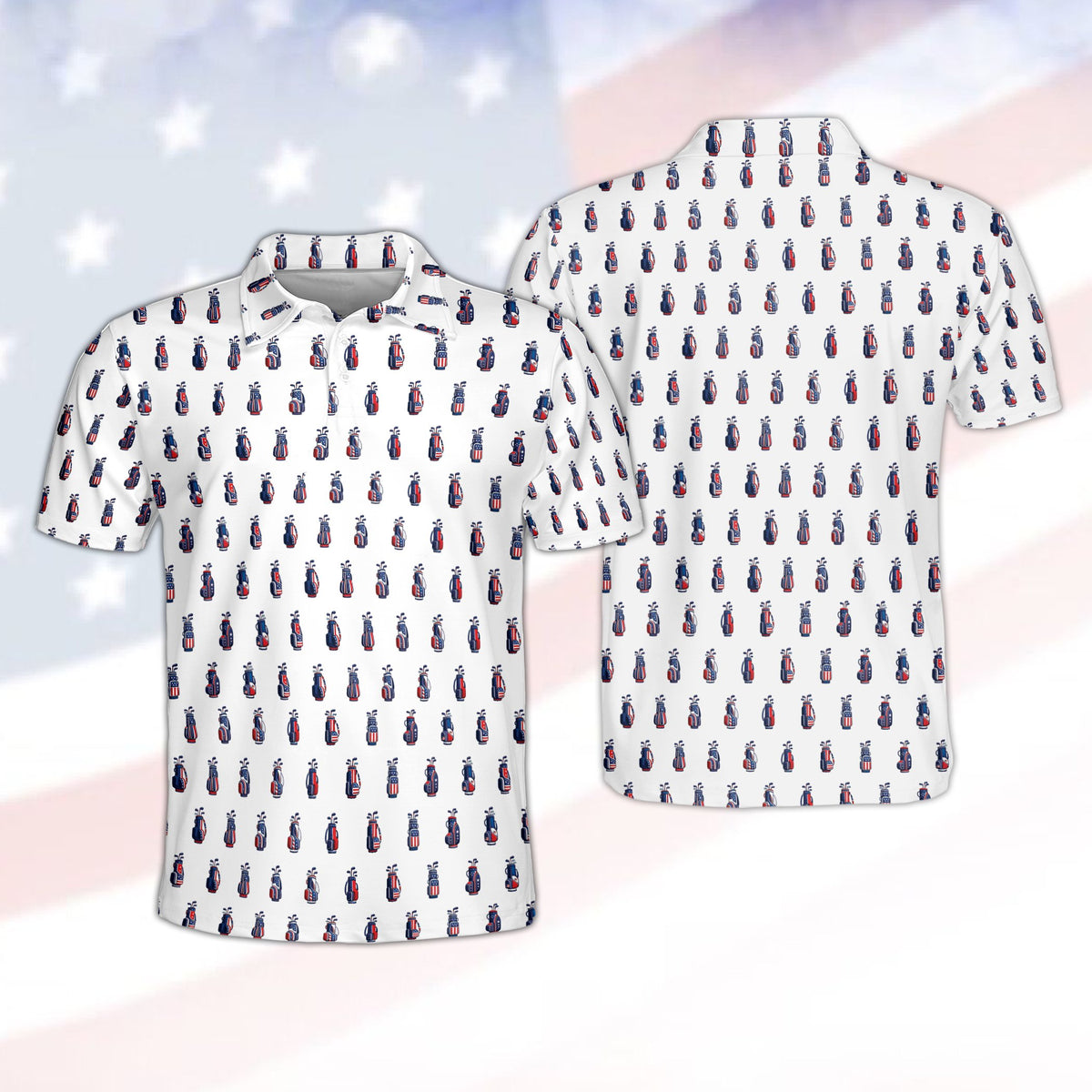 White polo shirt featuring American flag golf bag pattern, front view