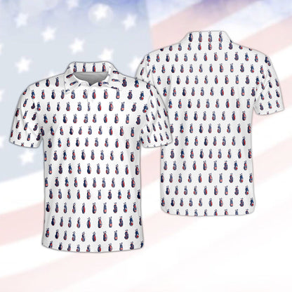 White polo shirt featuring American flag golf bag pattern, front view