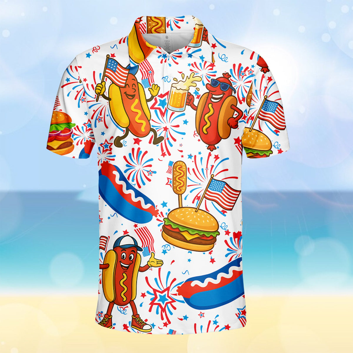 Detailed front view of fourth of july polo shirt with flags and hot dogs