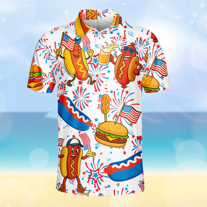 Detailed front view of fourth of july polo shirt with flags and hot dogs