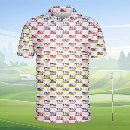Detailed front view of the holiday polo shirt