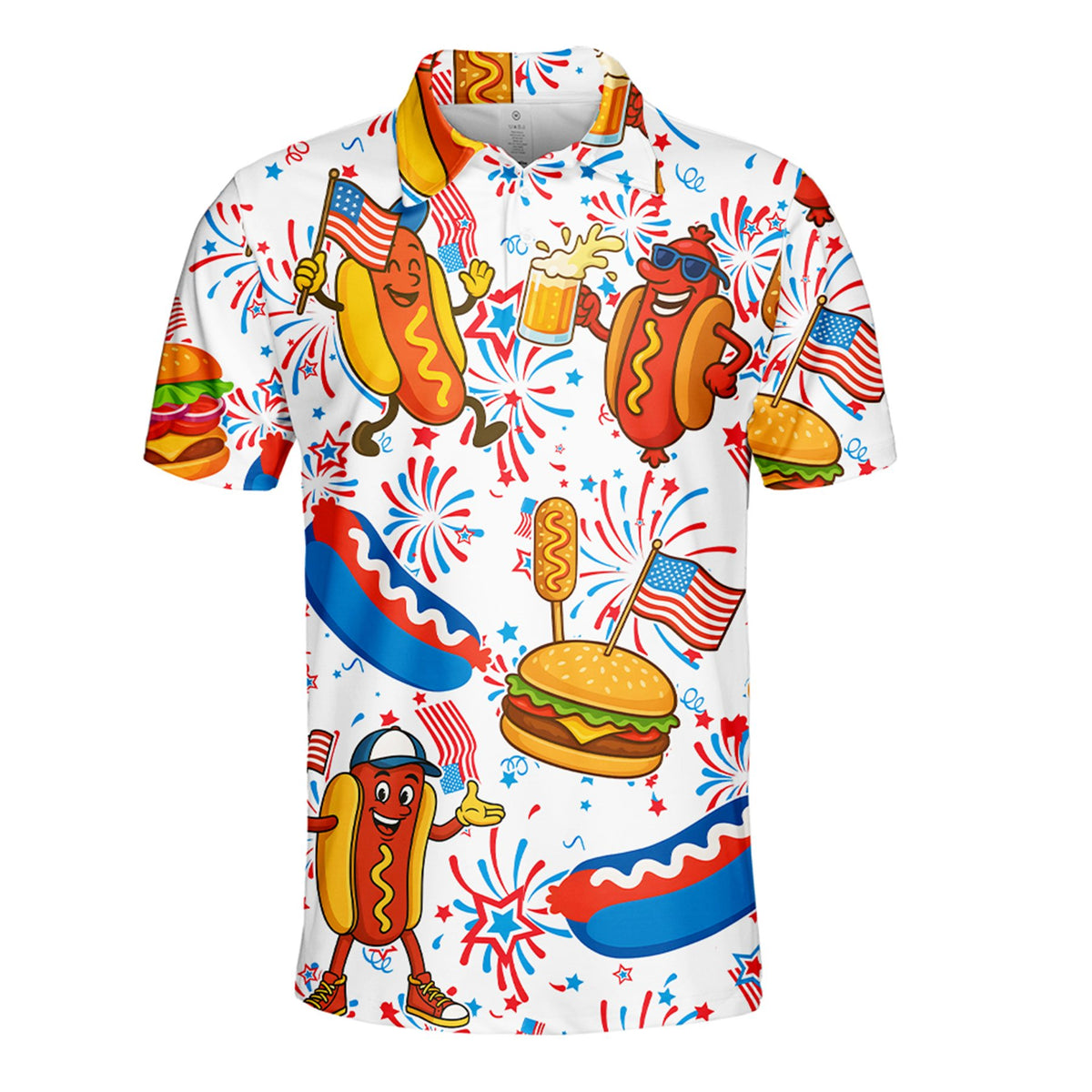 Fourth of july polo shirt with BBQ and fireworks print, front view