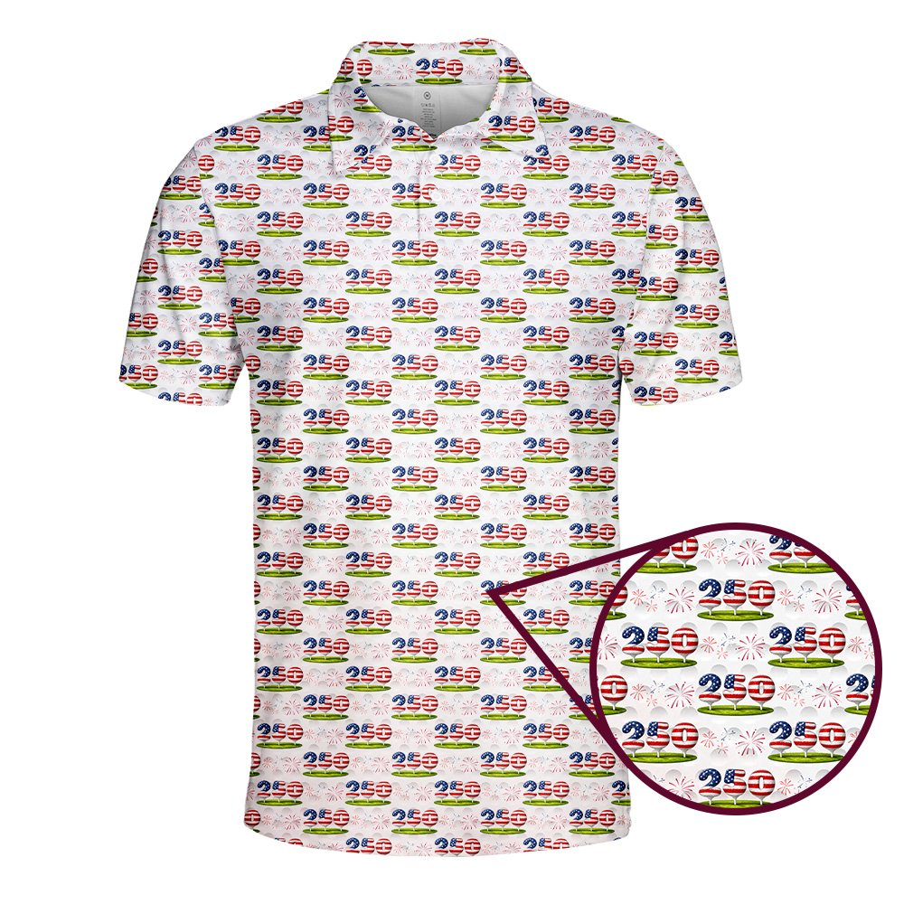 Fourth of july polo shirt featuring American flag 250 and golf green design, front view
