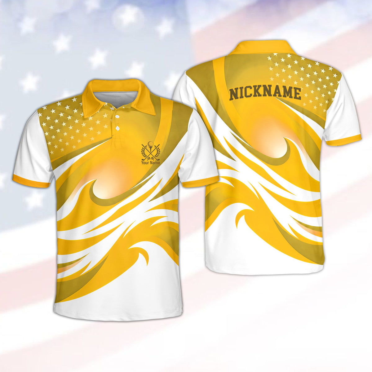 Personalized polo shirt in yellow with custom name and number, front view