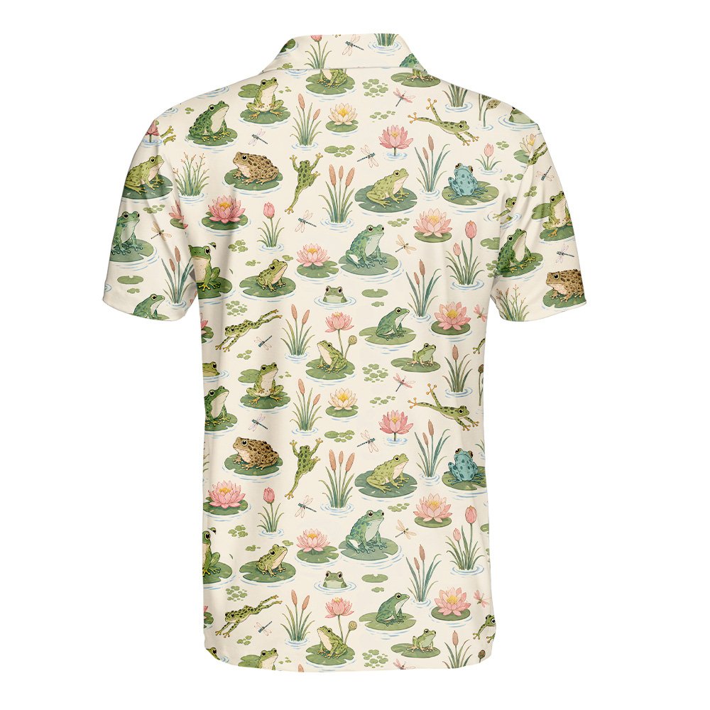 Back view of the frogs and lily pads polo shirt showing the seamless all-over print