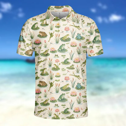 Third front view of the beige frogs polo shirt