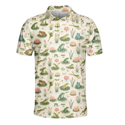 Main view of the frogs and lily pads polo shirt featuring green frogs on a cream background