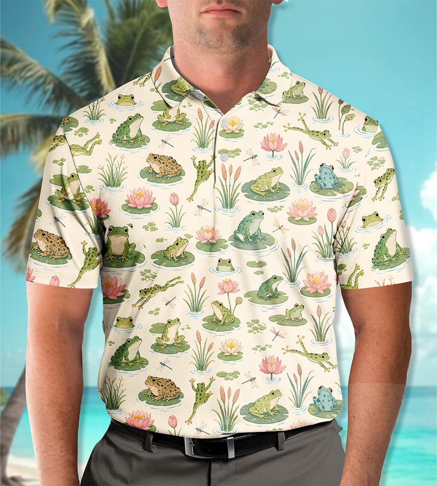 Second lifestyle image showing the frogs polo shirt in a natural setting